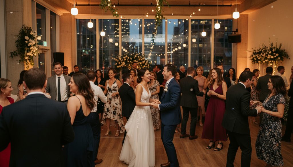 Guests dancing and having fun at a Toronto wedding reception with simple décor.