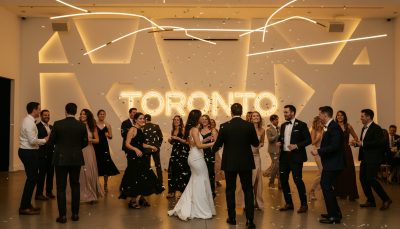 Guests dancing and having fun at a Toronto wedding reception.